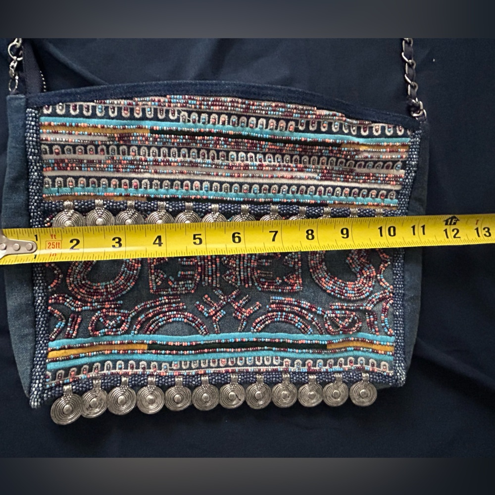 Zara Beaded Denim Crossbody Shoulder Bag Bohemian Metal Blue Hippie Boho - Picture 5 of 10